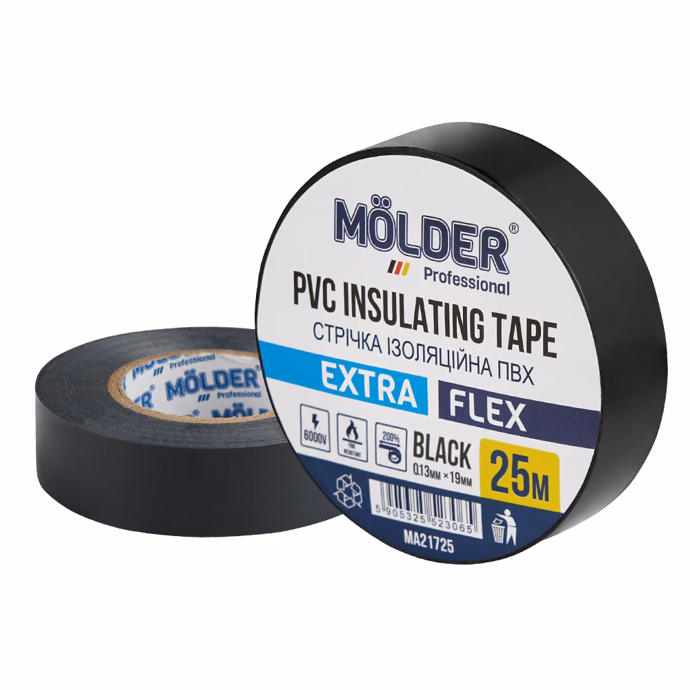 Стрічка ізоляційна ПВХ Molder 0,13x19мм 25м чорна, професійна, вогнетривка MA21725