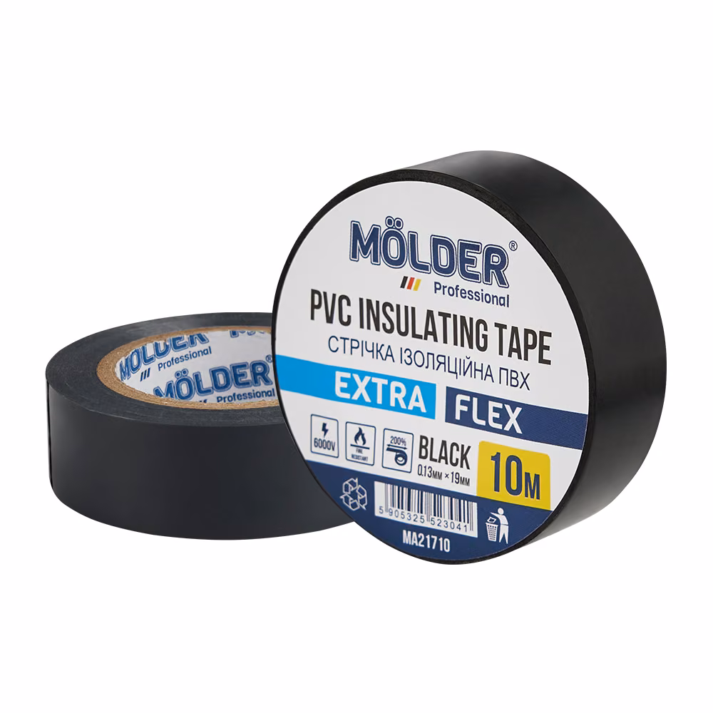 Стрічка ізоляційна ПВХ Molder 0,13x19мм 10м чорна, професійна, вогнетривка MA21710