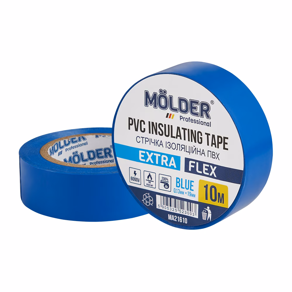 Стрічка ізоляційна ПВХ Molder 0,13x19мм 10м синя, професійна, вогнетривка MA21610