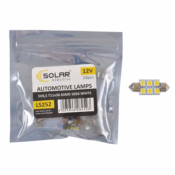 LED автолампа SOLAR 12V SV8.5 T11x36 6smd 5050 white 10шт