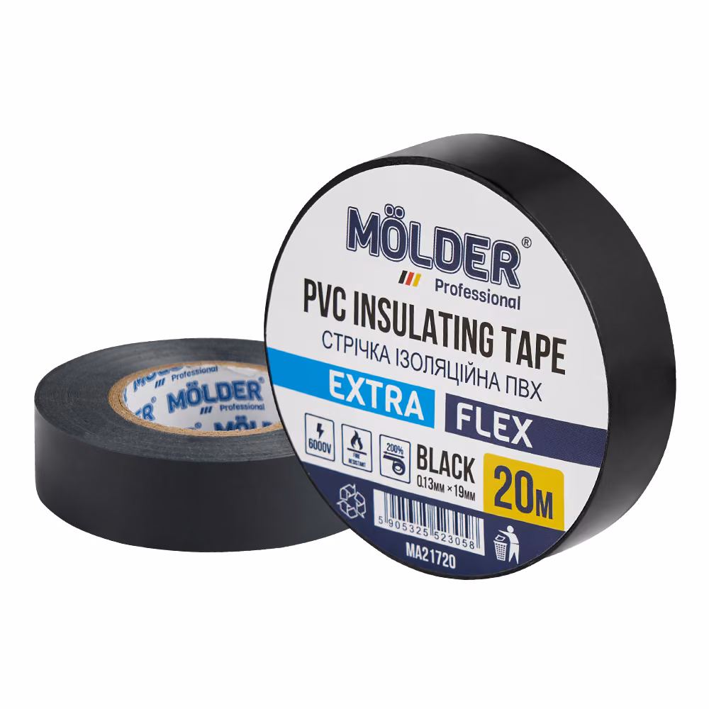 Стрічка ізоляційна ПВХ Molder 0,13x19мм 20м чорна, професійна, вогнетривка MA21720