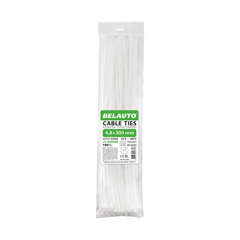 Хомути пластикові BELAUTO 4.8x300мм, 100 шт., білі