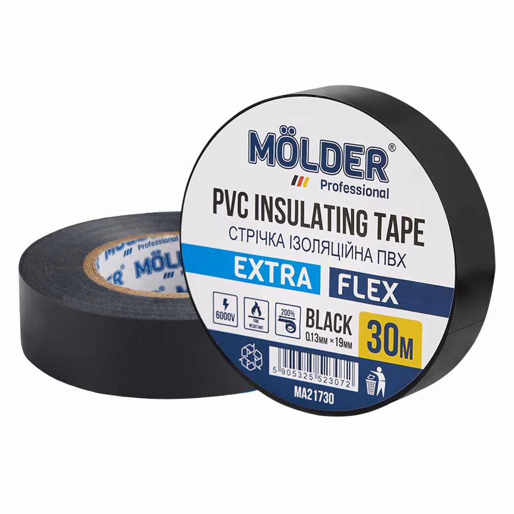Стрічка ізоляційна ПВХ Molder 0,13x19мм 30м чорна, професійна, вогнетривка MA21730