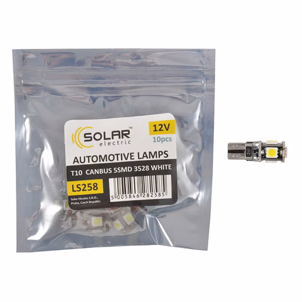LED автолампа SOLAR 12V T10 W2.1x9.5d Canbus 5SMD 5050, white 10шт