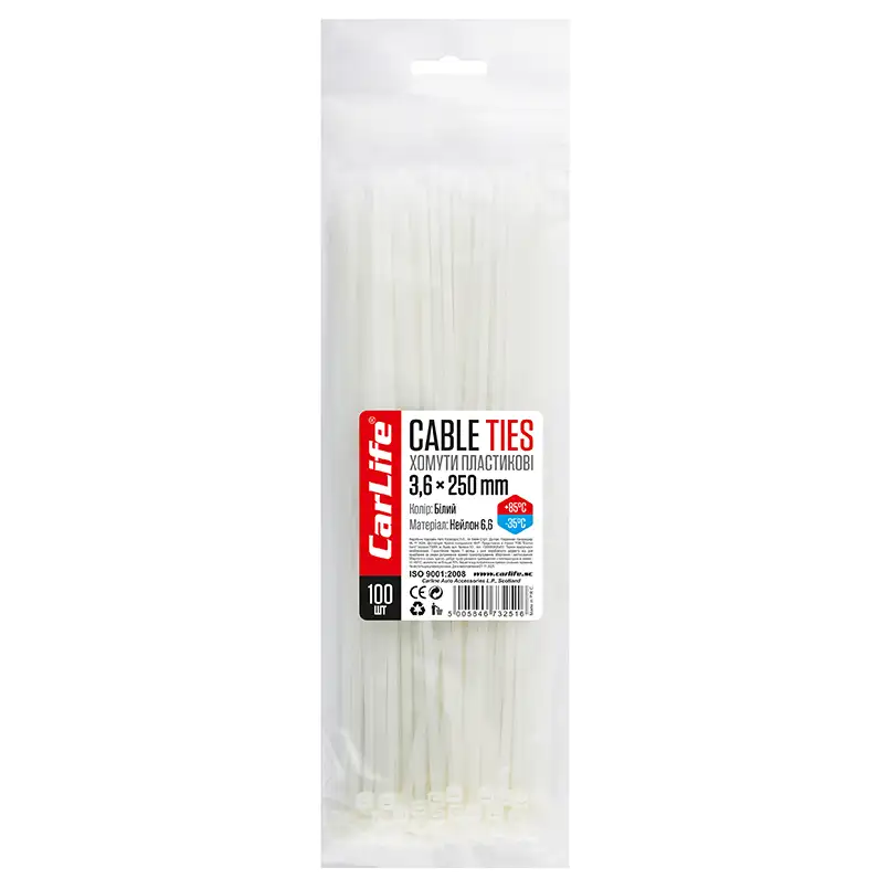 Хомути пластикові CarLife 3,6x250мм, 100 шт., білі