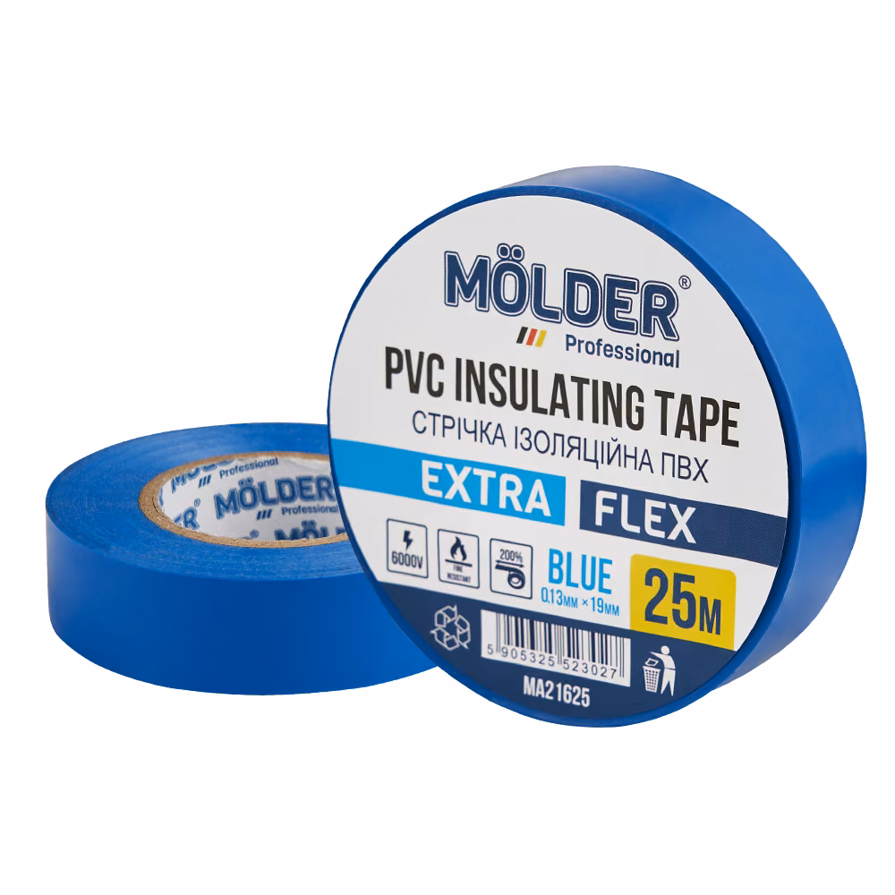 Стрічка ізоляційна ПВХ Molder 0,13x19мм 25м синя, професійна, вогнетривка MA21625