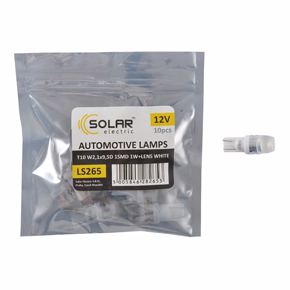 LED автолампа SOLAR 12V T10 W2.1x9.5d SMD 1W+Lens, white 10шт