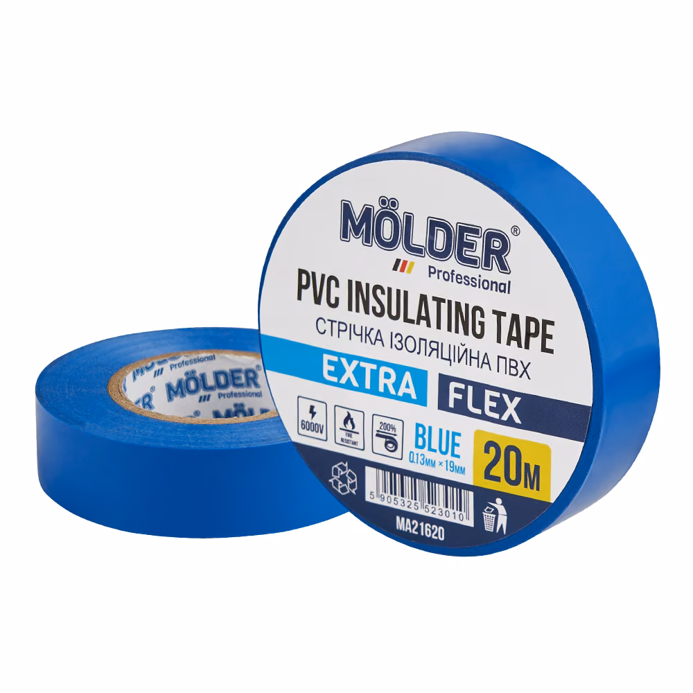 Стрічка ізоляційна ПВХ Molder 0,13x19мм 20м синя, професійна, вогнетривка MA21620
